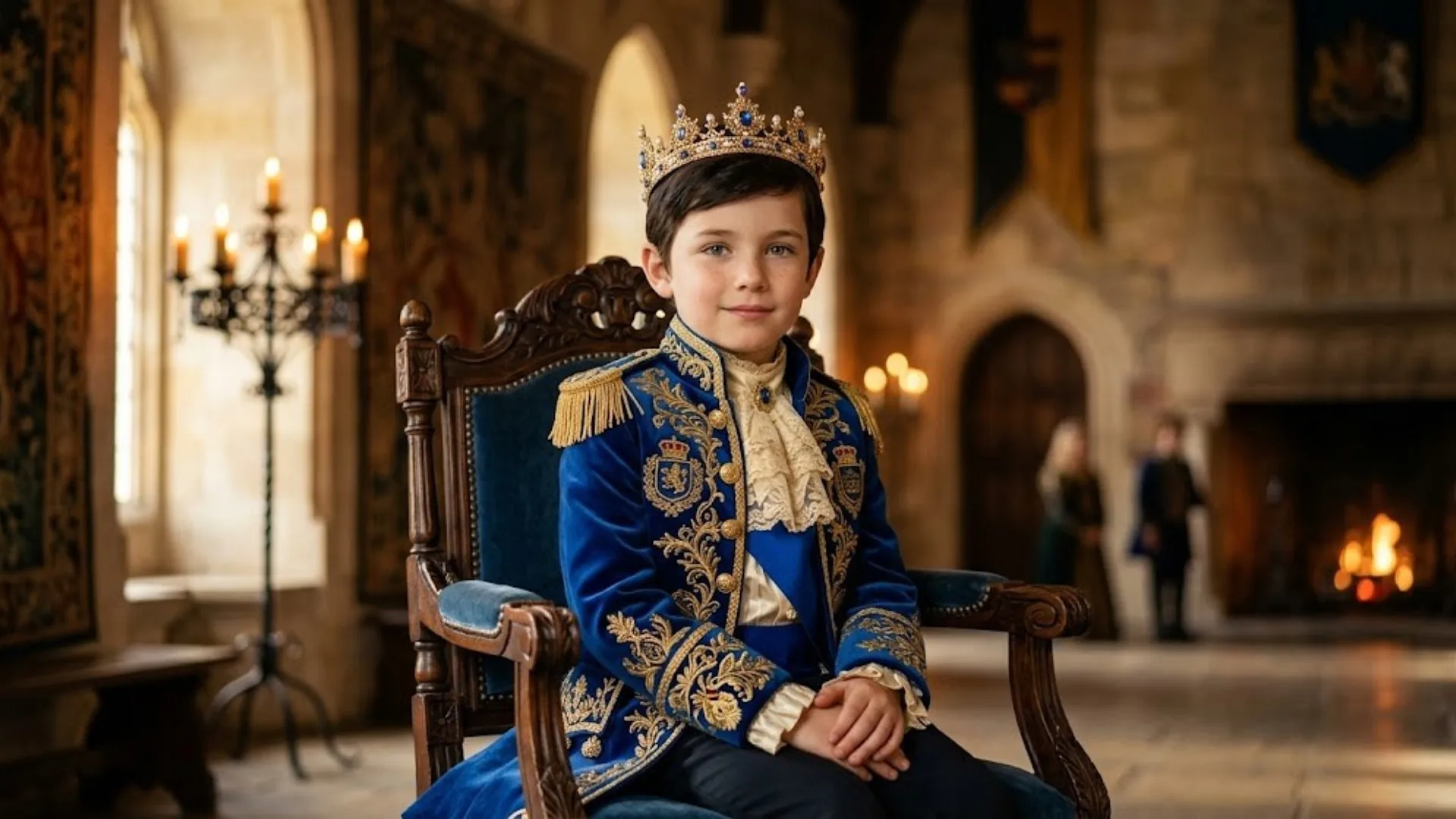 AI-generated portrait of a child styled as a fairytale prince in royal blue velvet jacket with golden embroidery and a small crown